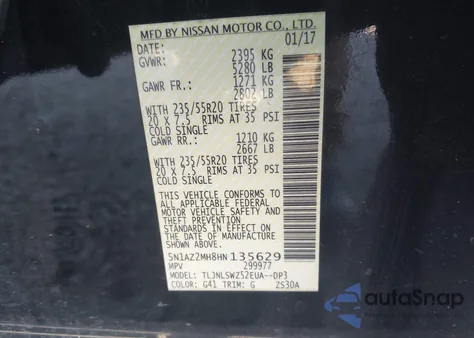 2017 Nissan Murano Platinum z USA, uszkodzony, nr VIN 5N1AZ2MH8HN135629